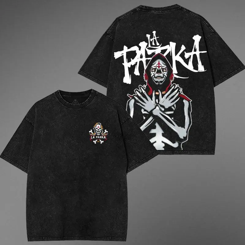 LA PARK Skeleton King Lucha Libre Graphic Tee Washed Black Gothic Font Vintage Style Unisex Short Sleeve All Season Collector's Edition 100% Cotton
