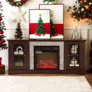 Eyisean 58" Fireplace TV Stand with Realistic Stacked Stone, Modern Electric Fireplace with Mantel, 3D Flame Effect, Entertainment Center for TVs Up to 65", TV Console Table for Living Room