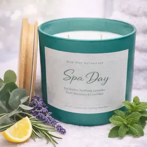 Blue Mist Botanicals Luxury Spa Day 3-Wick Candle Eucalyptus Soothing Lavender Fresh Rosemary Cool Mint Decor Ornaments 22 oz Coconut Wax 80 Hour Burn Time - Decoration
