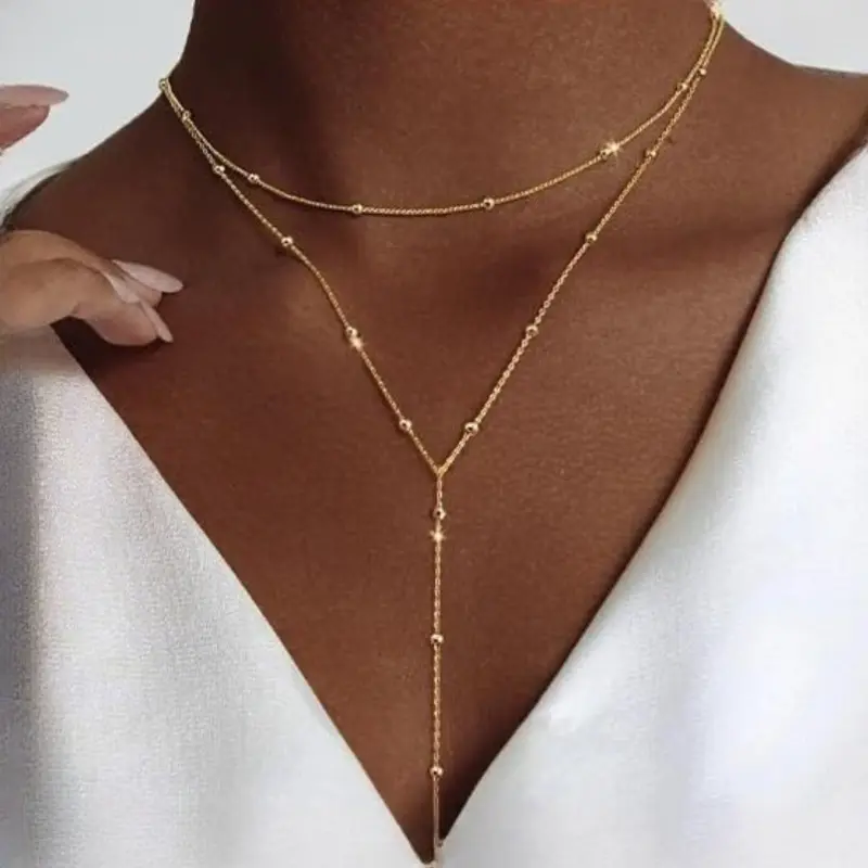 Women's 14K Gold Plated Lariat Gold Layering Necklace, Y-Shaped Beaded Chain Drop Necklace, Dainty Adjustable Long Jewelry Gift for Her