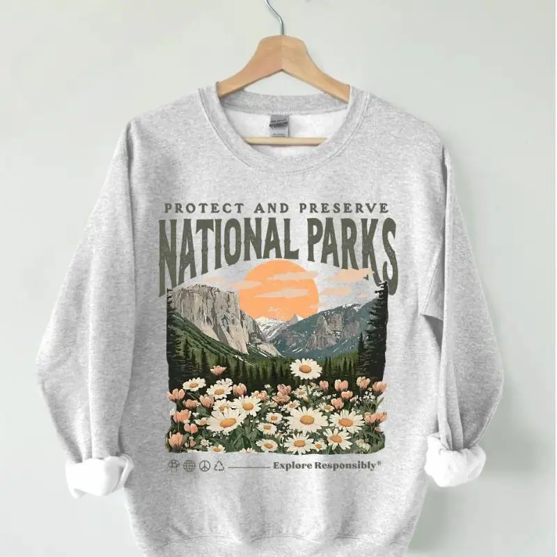 UrbanVibe WearSProtect Our Parks Graphic Sweatshirt Vintage National Parks Nature Crewneck Hiking Outdoor Pullover Casual Unisex Streetwear Cozy Everyday Wear Gift for Hikers Campers and Nature Lovers