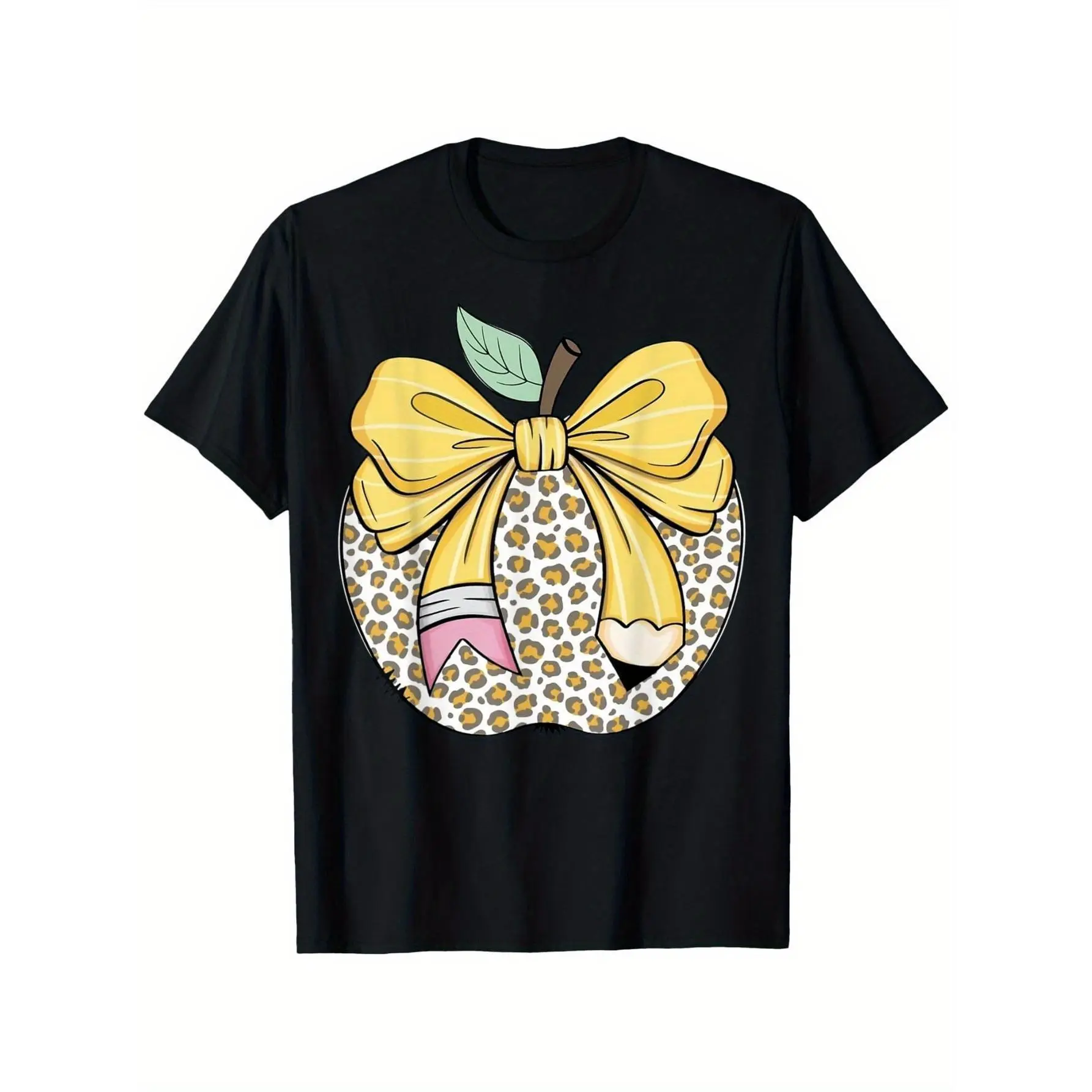 Teacher Coquette Pencil Bow And Apple Teacher T-Shirt Round Neck  Black T-Shirt for Women Men Short Sleeve T-Shirt Shirts Men Women T-Shirts