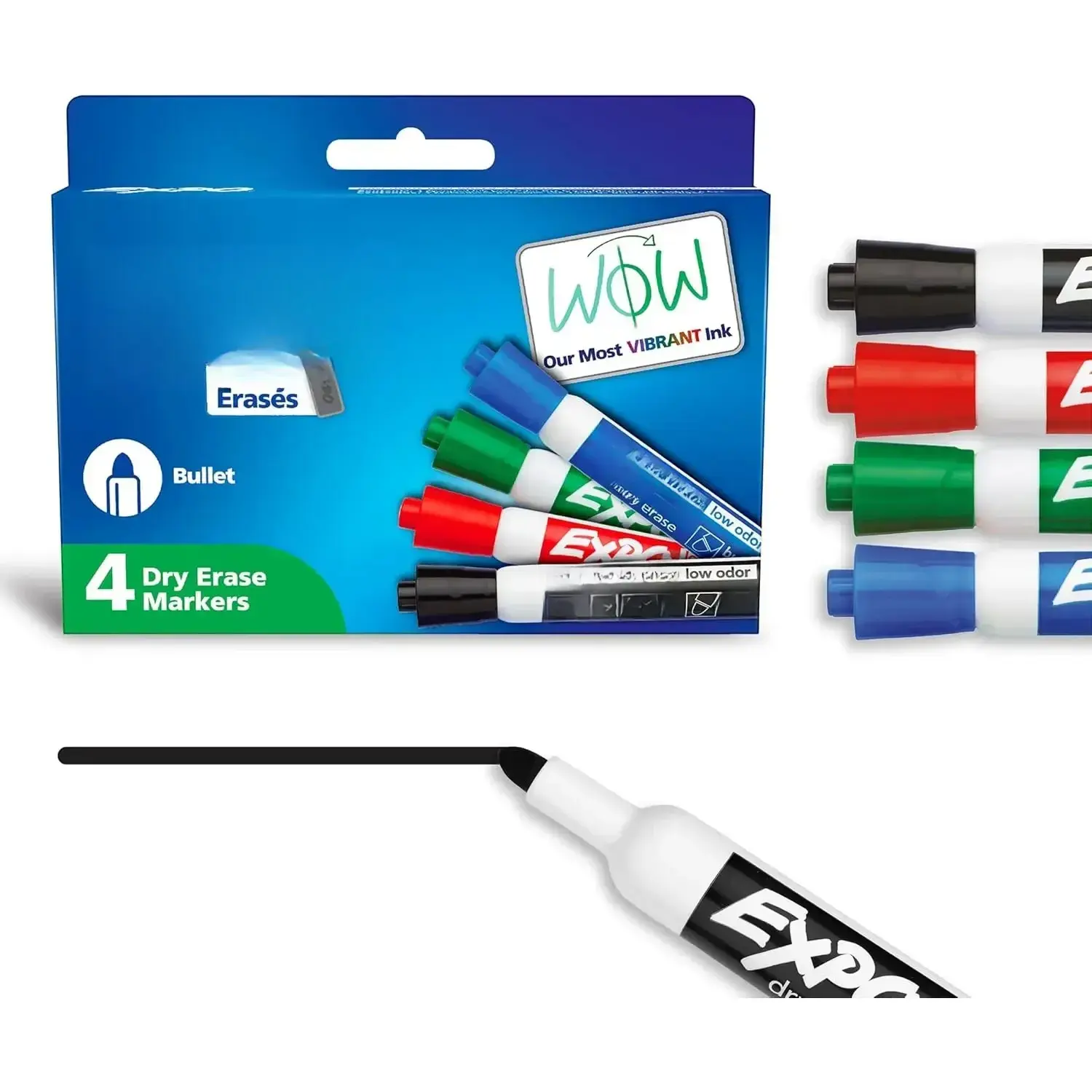 Dry Erase Markers, 4 Count Assorted Set, Low Odor Ink, Bold Color Bullet Tip, Easy to See, Erases Cleanly - Office, School Essential Stationery for Teachers, Whiteboard, Calendar Organization, Classroom