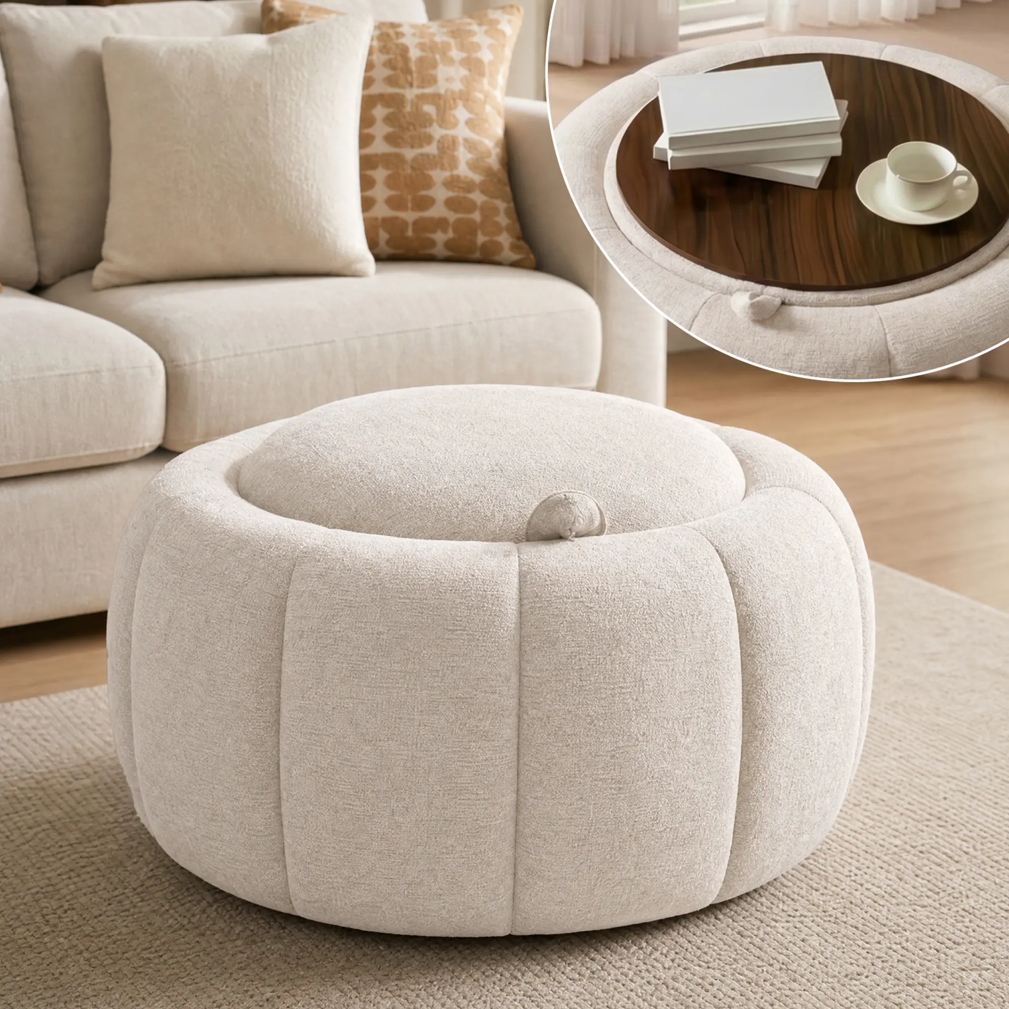 Tbfit Round Modern Chenille Upholstered Wood Ottoman - Large Pre-Assembled Indoor Stool with Underseat Cubbies, Multifunctional Hidden Storage Living Room Furniture, White