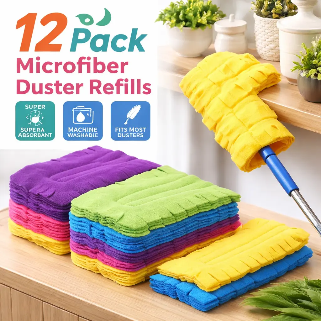 12pcs Fluffy Fleece Flat Duster Refill Pads Pack - Washable Reusable Polyester Cleaner Pads, 7.3x4.4" Dark Stays Cleaner Blindslot Reach Cover for Multi-Surface Dusting, Kitchen Maintenance