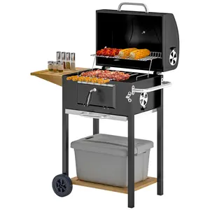 Outsunny Charcoal BBQ Grill, Outdoor Portable Cooker for Camping or Backyard Picnic, Barbecue Grill with Side Table, Bottom Storage Shelf, Wheels and Handle, Black