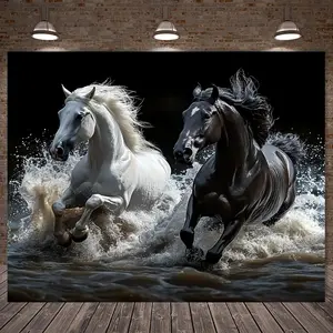 1pc 2D Flat Versatile Majestic Black And White Horse Background for Animal Themes, Made of Polyester, No Electricity Required, Simple to Install, Perfect for Photo Booths And Seasonal Displays.
