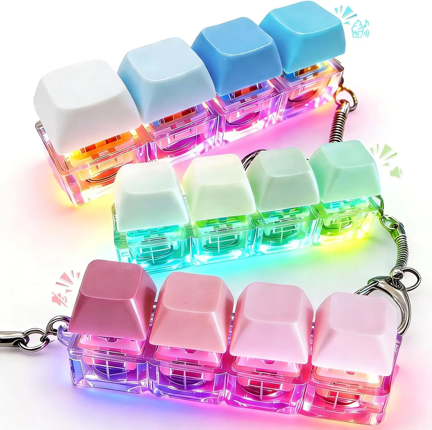 3 Pcs Keyboard Fidget Toy - Clicky, Creamy & Silent Fidget Keyboard Clicker with Led Lights, Keyboard Fidget Keychain Toys for Boost Focus & Stress Relief Fidget Gifts Easter Basket Stuffers