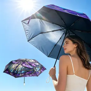 Retro Painted Purple Dragonfly Automatic Folding Umbrella Waterproof and Sunscreen Multi functional Dual purpose Umbrella Strong and Wind resistant Umbrella Stable and Durable Bones Outdoor Travel Commuting Accessories