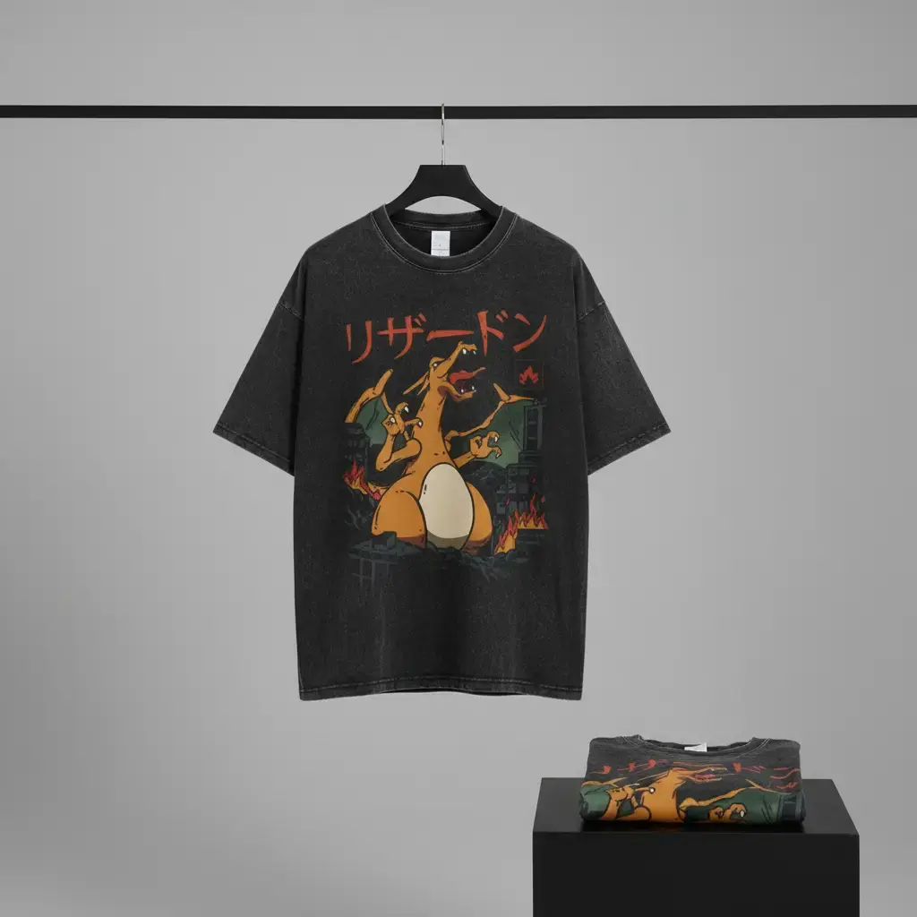 Charizard Anime Japanese Mineral Wash T-Oversized Tee, Graphic Tee, Gifts for Him, Birthday, Christmas Gift, Crewneck Menswear, Mens Clothing, Tee