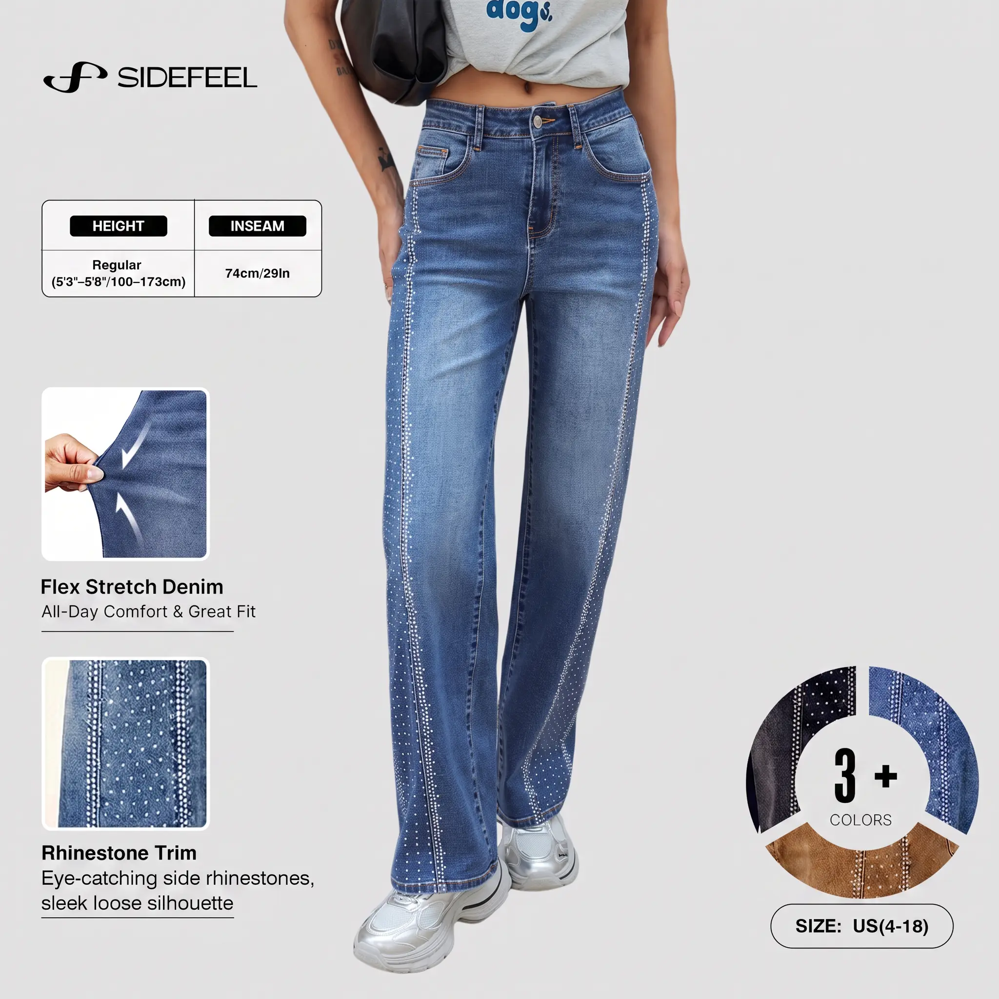 Sidefeel Women's Rhinestone High Waist Stretchy Oversized Wide Leg Jeans - Basic Bottoms with Gradient Sparkling Side Detail, Button Accents, Pockets, Regular Full Length, Casual Loose Denim Pants for Y2K Streetwear for Fall Outfit