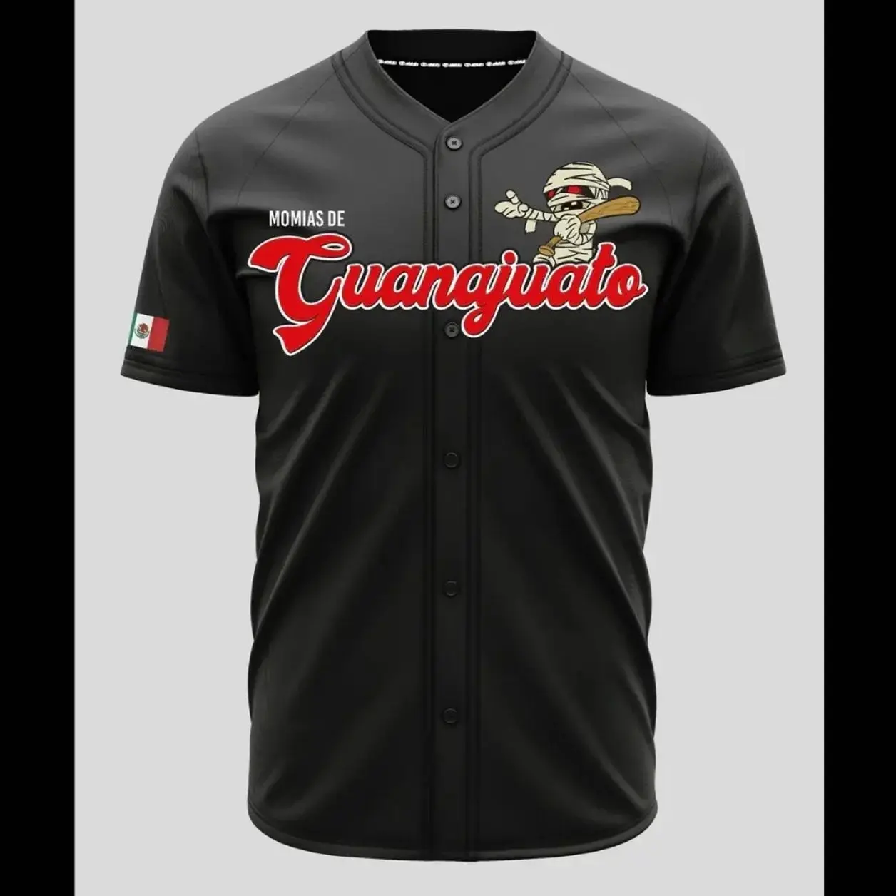 Unisex Momias de Guanajuato Black Red/White Blue Baseball Jersey – Mexico Heritage Button-Up Jersey, Retro Mummy Graphic Sports Shirt, Unisex Fan Apparel