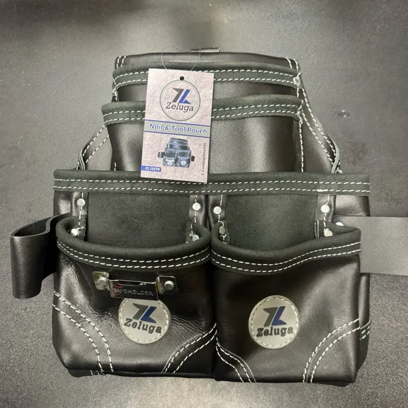 ZELUGA ZL123TB 5-pocket, heavy-duty black leather tool pouch designed for handymen, carpenters, and construction workers