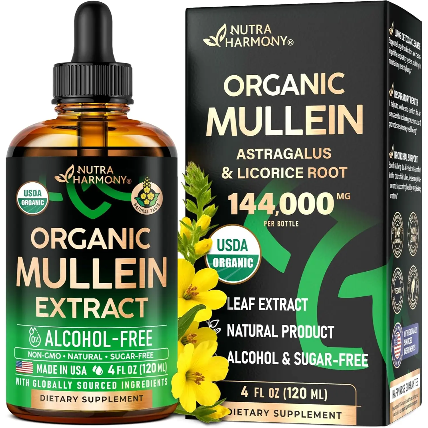 USDA Organic Mullein Leaf Extract Drops for Lung Support - Made in USA Supplement - Respiratory Health Support -  Natural lung detox