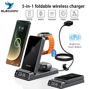 5-in-1 Apple/Samsung Wireless Charging Station with Digital Clock — Foldable Fast Charging. The ELECDOV CE20S is compatible with Apple and Samsung smartphones, smartwatches, and earbuds. — Your perfect gift choice.