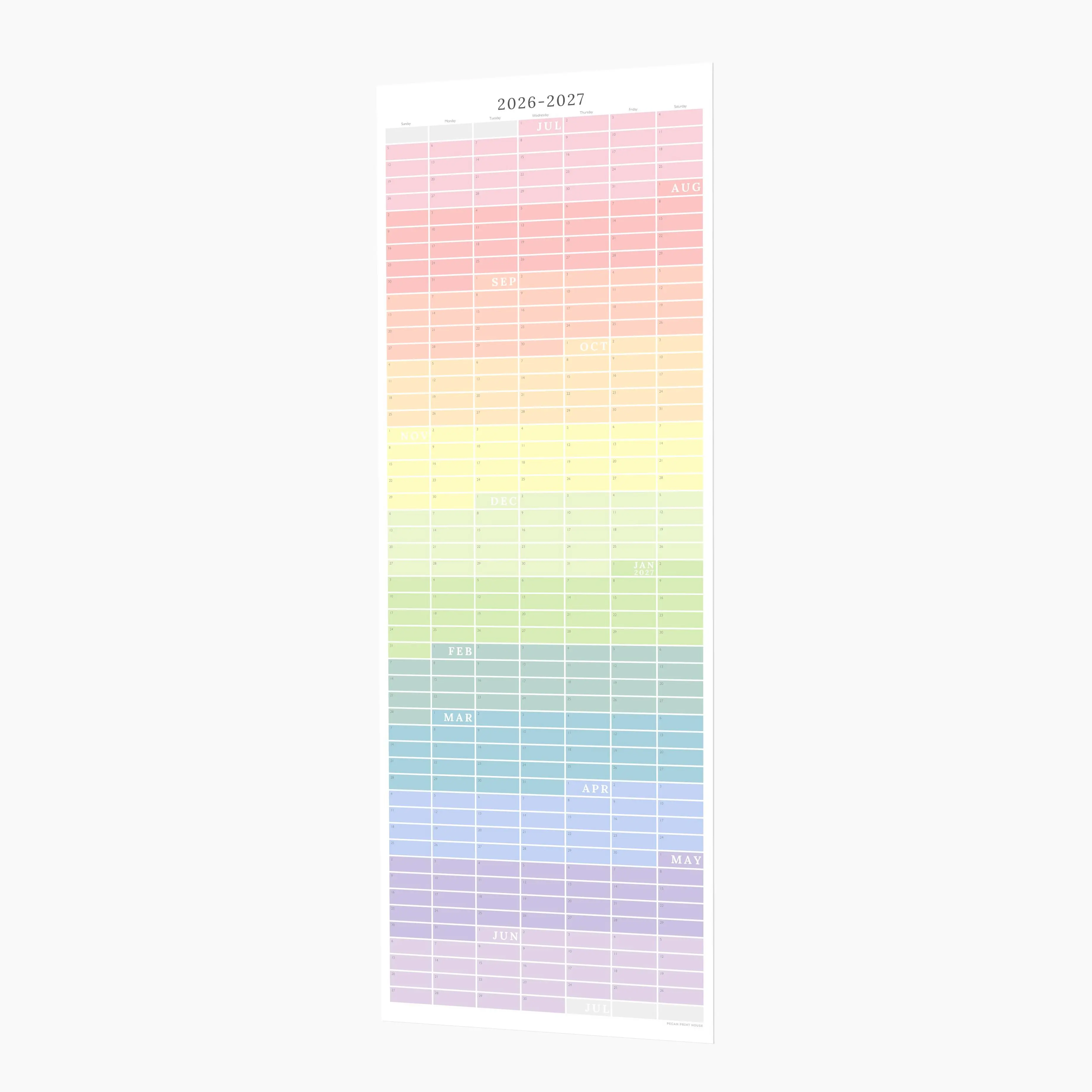 2026-2027 Continuous Academic Wall Calendar: No Month Breaks, Archival Paper, 11 Colors, 2 Sizes (12"x36" or 16"x45"), Sunday or Monday Start
