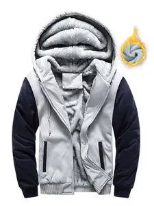 Men's Fleece Lined Patchwork Hoodie Thermal Lined Jacket, Outdoor Casual Warm Coat, Fashionable Unisex Fall & Winter Outerwear