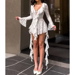 Women's Lace Mini Dress Long Sleeve Deep V Neck Tie-up Front Ruffle Dress Short Flowy Dress