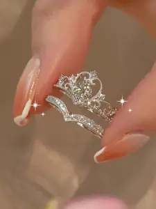 Princess Crown Ring Set, Adjustable Open Design, Zircon Inlay, Copper Chain, Perfect for Weddings & Valentine's Day Gifts, Rhinestone Decorated Ring