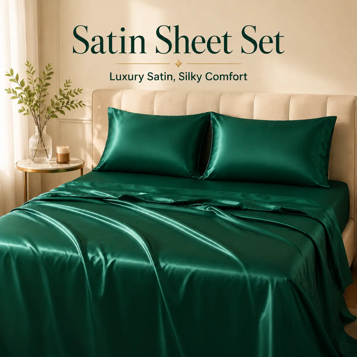 ROMANGEM 4-Piece Solid Emerald Green Satin-Woven Microfibre Bedding Set - Silky Soft, Breathable, Cooling, Durable, Deep Pocket Fitted Sheet, Flat Sheet, 2 Pillowcases, Split King (79.9in × 77.9in), Machine Wash Gentle Cycle, Skin-Friendly, Teens-Focused