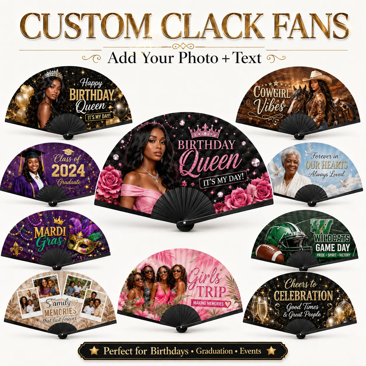 Custom Print Hand Fan - Personalized Photo Folding Fan, 25x13in Home Decor Gift for Party Favors, Weddings