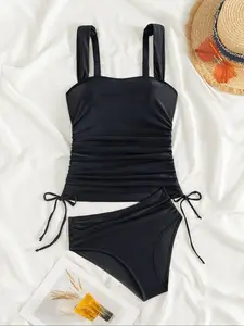 Women's Solid Color Tankini Set, Casual Adjustable Wide Shoulder Strap Swim Top & High Waist Swim Bottom, Two-piece Swimsuit for Beach Holiday Vacation, Tankini Swimsuits Women, Summer Tankinis Set, Drawstring Tankini Set, Tankini Bathing Suits