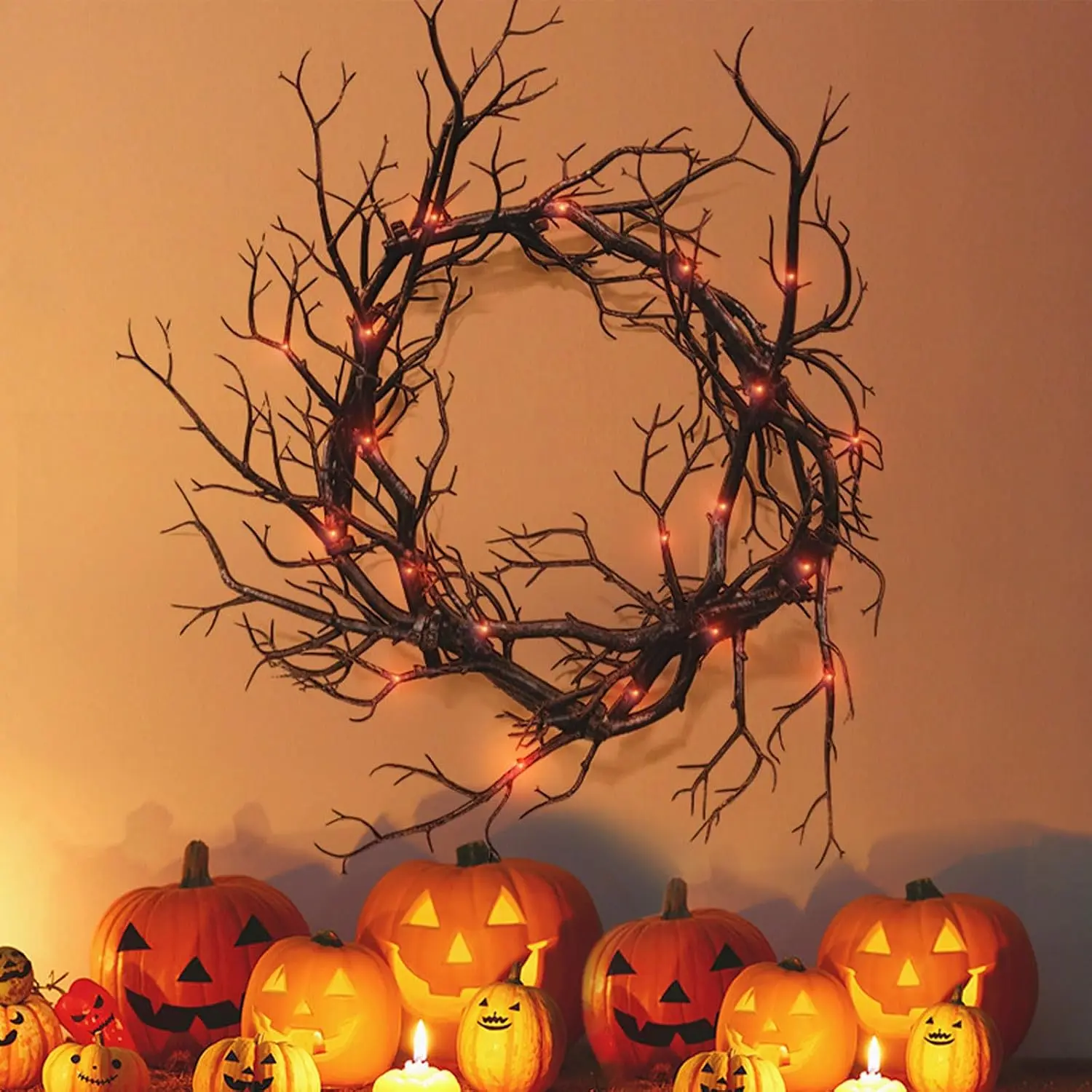 Spooky Halloween Wreath with Red Lights - Glitter Black Branch Handcrafted Decor for Front Door, Indoor/& Haunted