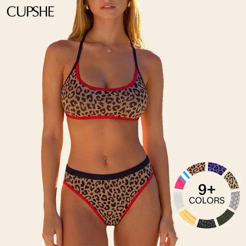 CUPSHE Women's Ribbed Knit Bandeau 2-Piece Bikini Set - Bathing Suit Women with Contrast Piping, High-Cut High-Rise Cheeky Cut Swimsuit, Ideal for Summer Beach Party