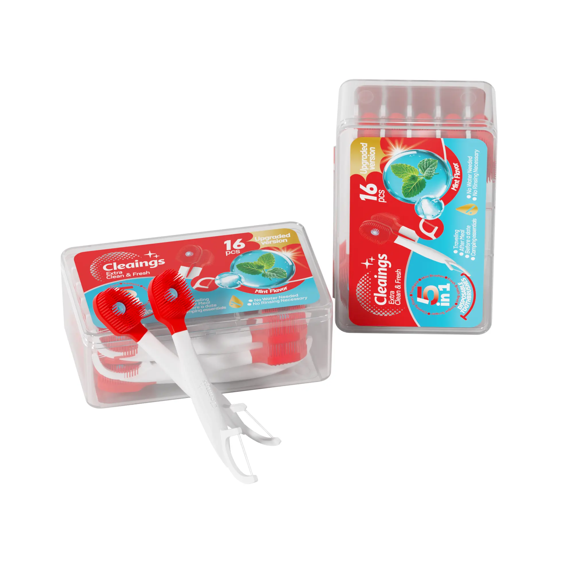 Cleaings 5 in 1 Disposable Burst Bead Toothbrushes, Soft Bristle Travel Toothpick & Floss Tongue Scraper Combo, No Water Needed Portable Oral Care for Camping Travel, 16 Count Per Box