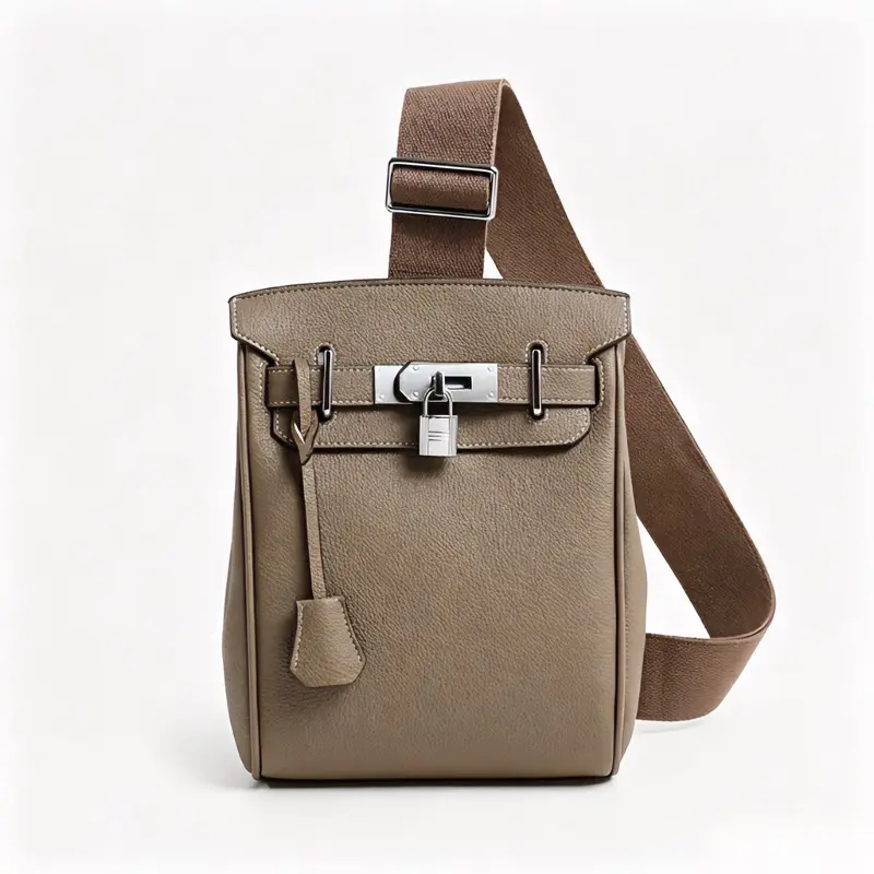 Taupe Brown Leather Sling Bag for Men & Women, Casual Crossbody Shoulder Bag with Lock, Multifunctional Chest Pack for Travel & Streetwear, Multifunctional Sling Bag