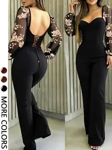 Women's Casual Backless Sexy Lace-Up Sequined Slim Fit Long Sleeve Floral Jumpsuit, Spring & Fall Fashion, Perfect for Parties and