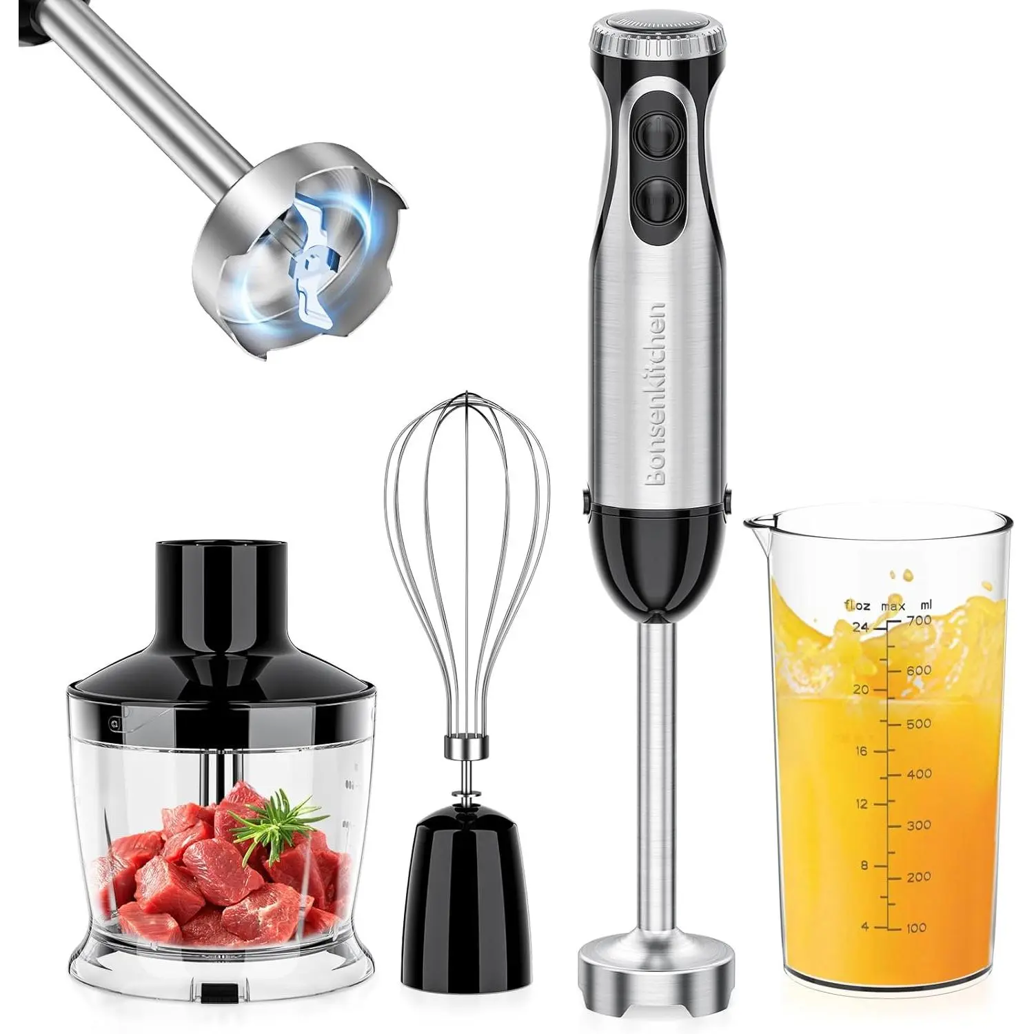 Bonsenkitchen Durable Stainless Steel Immersion Blender - 4-In-1 High-Power Handheld Stick, 20 Variable Speeds, Turbo Function, Egg Whisk, Beaker, Chopper Bowl, Dough Mixer, Household Appliances for Healthy Meals