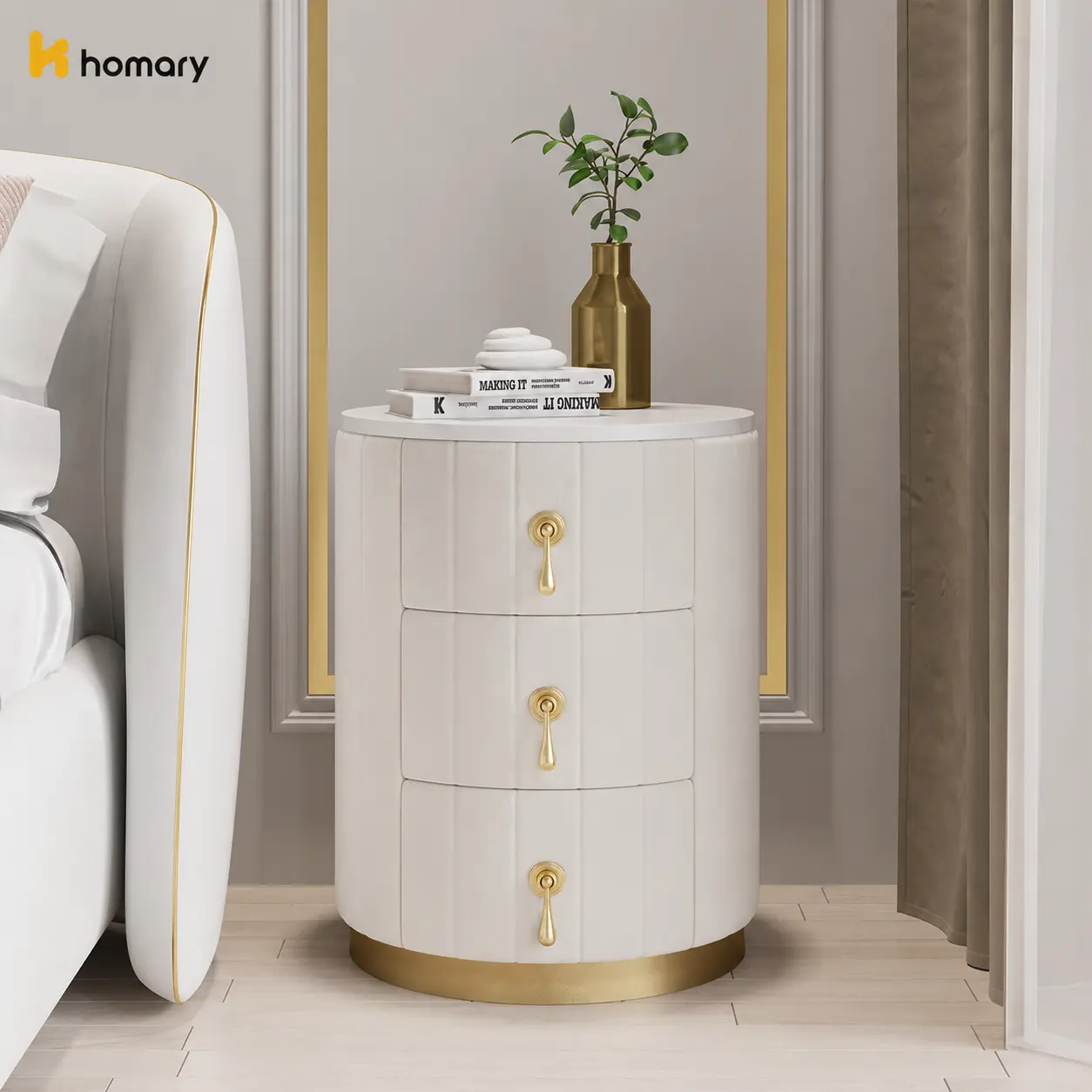 Homary Round Velvet Nightstand - 15.7" Compact, Smooth Sintered Stone Flat-Top, 3-Drawer Luxury Indoor Furniture with Metal Base, Single Unit for Modern Bedroom, Smooth Stone Top