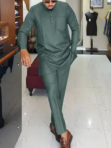Traditional Muslim Set African Style Men's Wedding Formal Wear New Classic Suit 2-Piece Outfit Round Neck Long Sleeve Top and Pants