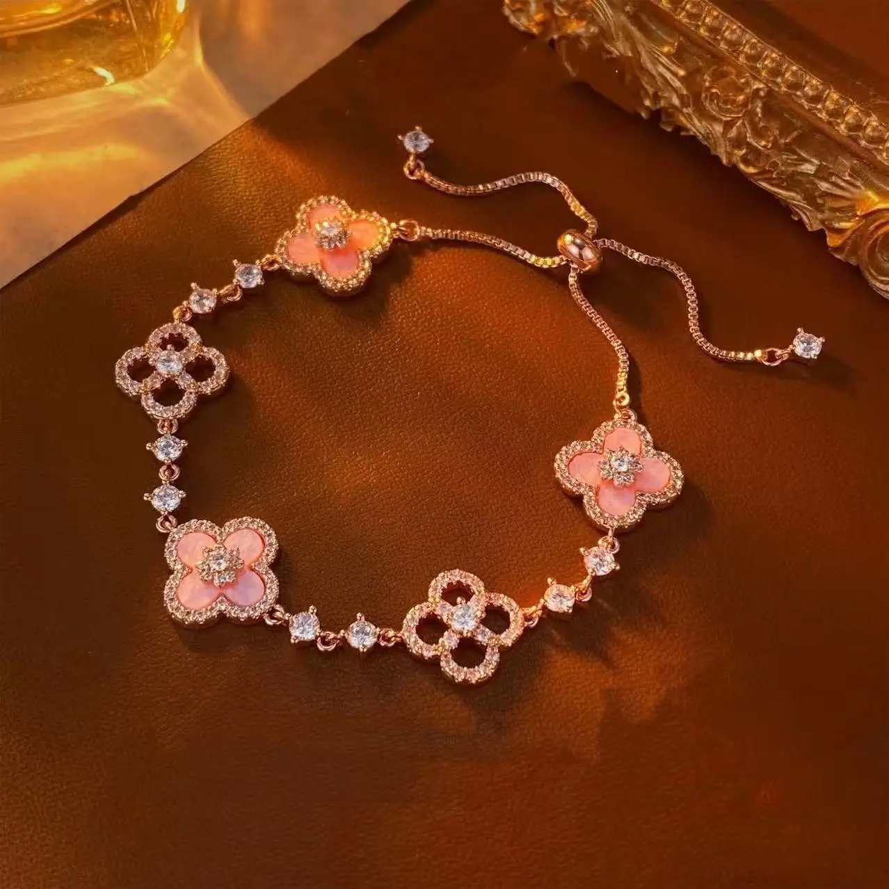 Rose Gold Four Leaf Clover Bracelet for Women, Pink Shell CZ Inlaid Lucky Clover Bangle, Adjustable Slider Charm Bracelet, Mother's Day Valentine's Day Gift