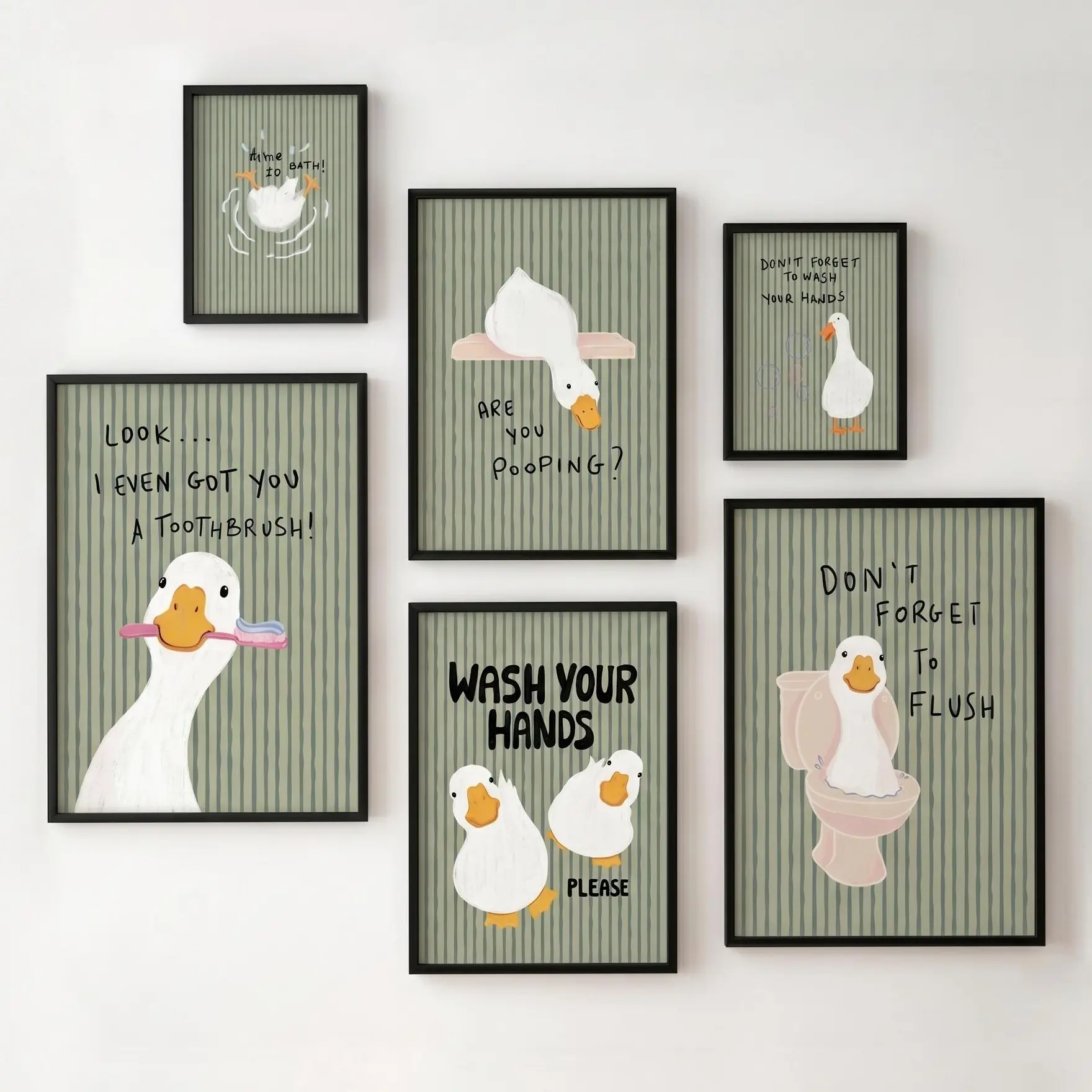 Funny Ducko Bathroom Wall Art Poster, Green Stripes Duck Nursery Quotes,  Cute Sage Green Restroom Decor, Whimsical Toilet Hygiene Signs Canvas Print