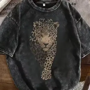 Leopard Print Women's Vintage Washed Cotton T-Shirt - 230g Heavy Cotton, Crew Neck Short Sleeve, Retro Street Style, Machine Washable, Loose Fit Casual Tee for Spring & Summer