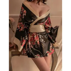 Sexy Lingerie Sexy Deep V Japanese Kimono Cute Playful Role Play Bathrobe Set Red Floral Womenswear Polyester Gowns Loungewear Nightwear Long Sleeve