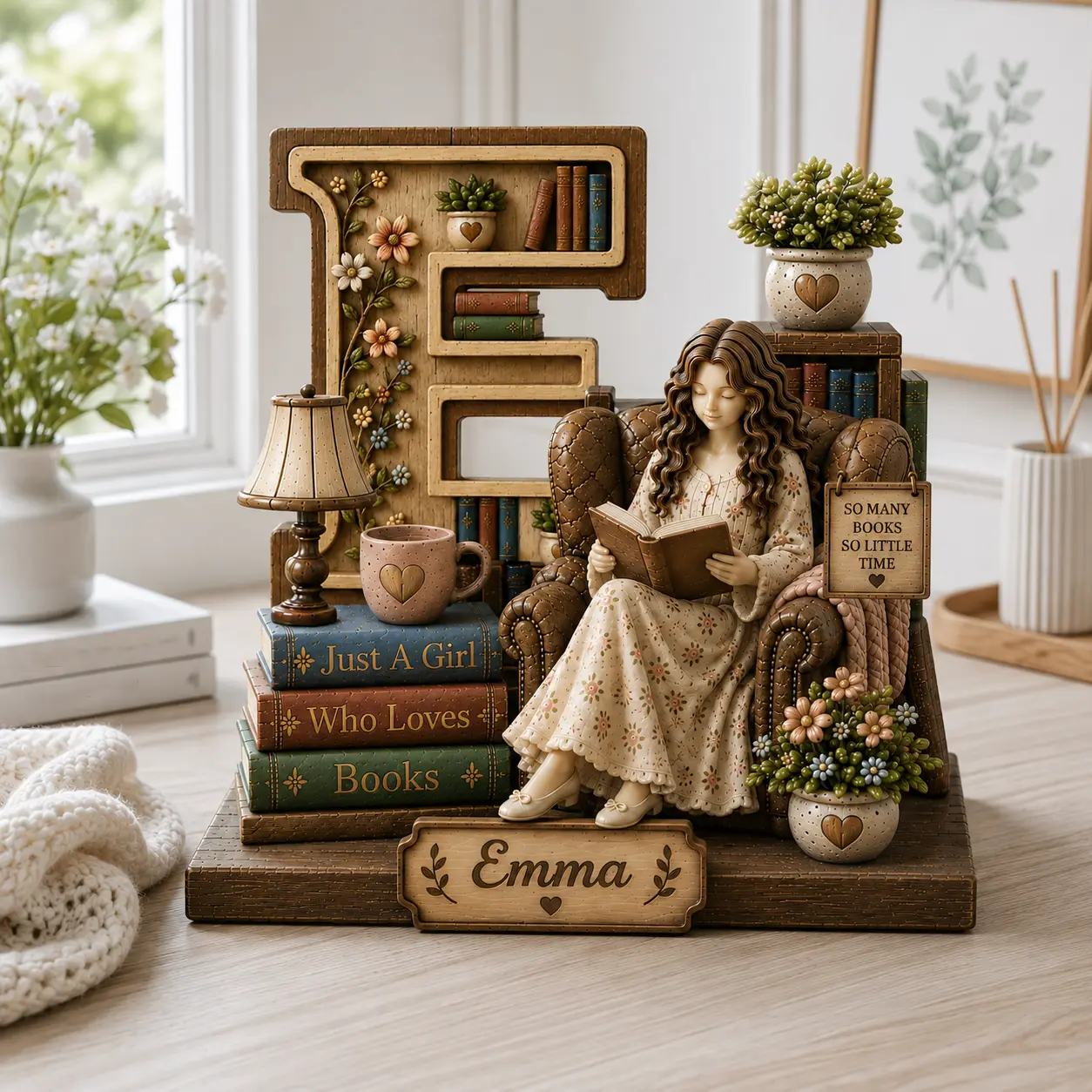 Personalized Wooden Book Lover Figurine, Custom Initial Letter & Name Block, Reader Shelf Decor, Library Decoration, Book Lover Gift, Best Friend Gift,