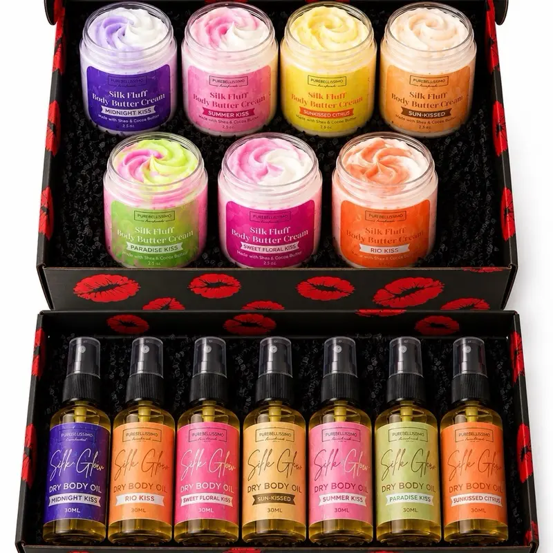 PureBellissimo Hydrating Soothing Skincare Gift Set Bundle - 7 Deep Hydrating Body Butters + 7 Matching Body Oils for Dry Skin