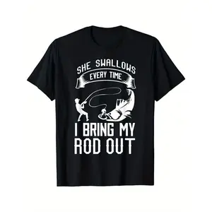 Men's Humorous Ice Fishing Graphic T-Shirt - 100% Cotton, Breathable, Machine Washable, "She Swallows, I Bring My Rod Out" Design, Perfect Father's Day Gift for Anglers, Fishing Shirt Round Neck Menswear