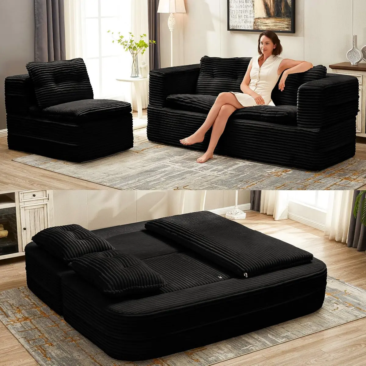 Convertible Sectional Sofa Bed with Chaise Lounge and Functional Blanket, Loveseat Sleeper Sofa, 2 in 1 Folding Boneless Couch Bed, Fold Out Floor Couch 80" King Size Bed for Living Room living room furniture sectional couch boneless sectional couch