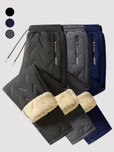 Men's Casual Fitted Pants Set, Winter Warm Lined Joggers, Plain Pattern Design, Comfortable Daily Wear, Ideal for Cold Weather