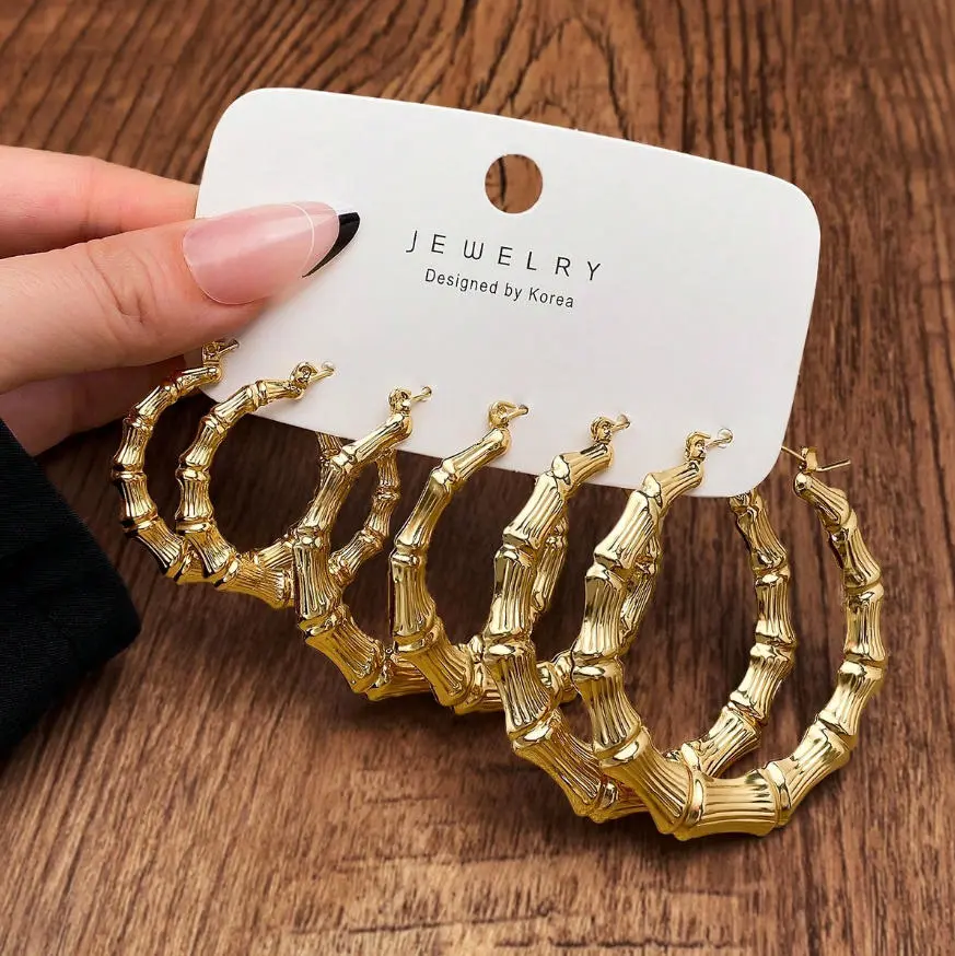 Women's 3-Pair Asymmetrical Pierced Punk-Style Bamboo Hoop Shape Earrings Set - Earring Stack, Funky Unique Accessories for Statement Look, Festive Party Supplies Gift