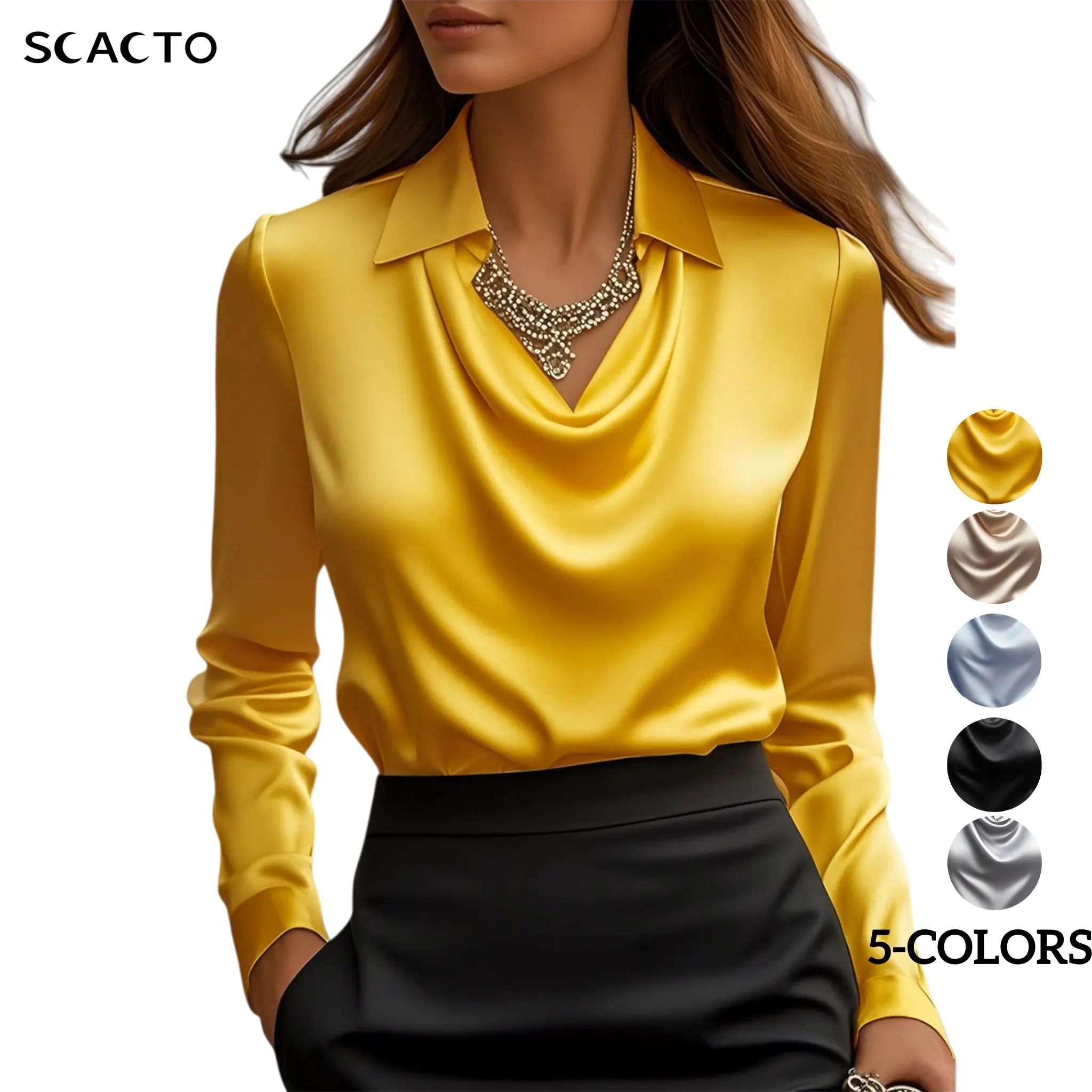 Scacto Women's Business Solid Satin Cowl Neck Long-Sleeve Draped Fitted Blouse - Polyester Fabric, Regular Fit, Autumn Office Work Top, XS-3XL Basic Womenswear, Longsleeves, Shirt, Lady, Xs To 3Xl