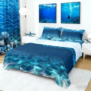 Under Sea Bed Sheet Set,Diving Adventure Sports Themed Cobblestone Sand Blue Ocean,Bedding Decor Set with 1 Flat & 1 Fitted Sheet