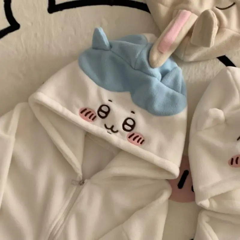 Kawaii Chiikawa Zipper Hoodie Jacket Japane Hachiware Usagi Loose Hooded Coat Girls Cartoon Embroidery Sweatshirt Warm Outerwear