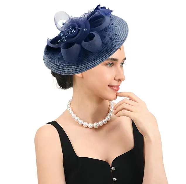 Elegant Navy Blue Floral Hat with Pearl Accents and Rhinestones for Women's Formal Events