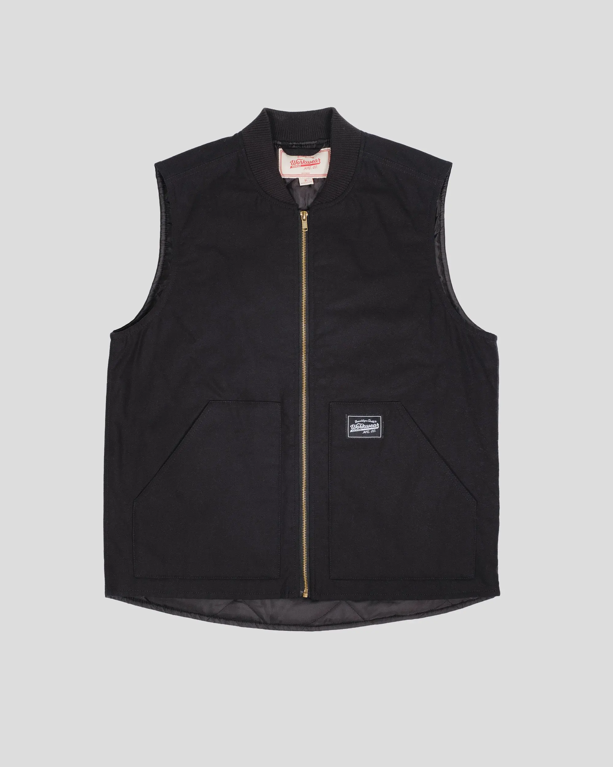 Brooklyn Cloth Canvas Workwear Vest, 100% Cotton Zip Front Utility Layer, Relaxed Fit, Workwear Logo Patch, Casual Outerwear, Black, Small to Large