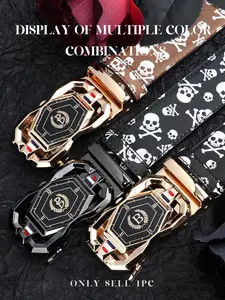 Men's Skull Print Belt, Soft Leather Automatic Buckle Waistband, Comfortable Fit, Premium Quality Details, Unique Design, Business Style